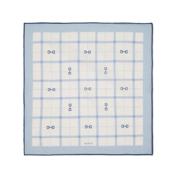 NWT GUCCI Horsebit Check Cotton Pocket Square In White Blue 100% Authentic 35 Cm
